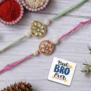 eCraftIndia Set of 2 Green and Pink Pearls Kundan Floral Designer Rakhis, Best Bro Ever Fridge Magnet with Roli Chawal Pack - Rakhis for Brother, Bhabhi, Kids