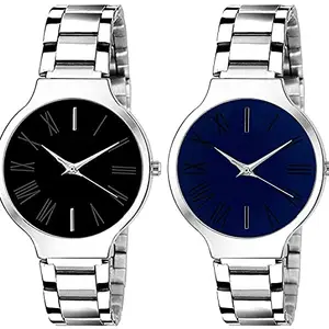 The Shopoholic Analogue Black Blue Dial Silver Chain Strap Women's Watch Combo for Womens and Girls Pack of 2