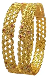 Radiant Harmony: Two Piece One Gram Gold Kada/Bangle with Pink and White Stones by THI Beauty (2.6)
