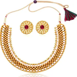 Lila Traditional Wedding Maharashtrian Kolhapuri Thushi Necklace Saaj Thushi Mangalsutra Pendant Locket Necklace Set Jewellery Set with Jhumki Earring Combo