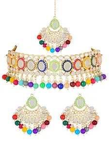 I Jewels 18K Gold Plated Traditional Handcrafted Mirror And Pearl Work Choker Necklace Jewellery With Chandbali Earrings & Maang Tikka Set For Women & Girls (K7228)