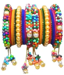 Metal Base Metal With Pearls Worked Latkan Beads Chain Bangles Set For Women and Girls (colour - multicolour, size - 2.6)