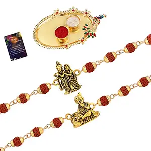 Designer Rudraksh 2 Rakhi Combo For Bhai With Roli Chawal And Greeting Card 1 Kankawati Pooja Thali -1257