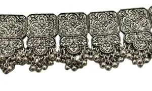 Oxidised Silver colored Necklace Set with Intricate Floral Motifs and Beaded Tassels