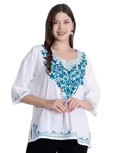 Cigain Women's and Girl's Long Sleeve Embroidered Cotton Tunic Kurti Top (Small, Teal)