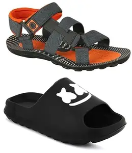 Liboni Men's Orange Casual Sandals & Comfort Flip-Flops Black Slippers Cobmo pack of 2 (8)