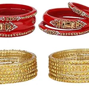 Colorful Glass Bangles/Kada Set Combo Ornamented With Colourful Chips & Beads_D586 (AkBang2-FL1.b_bang)