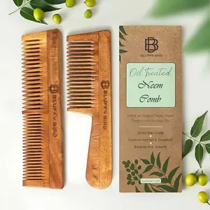 Neem Wooden Comb, Soaked In 17 Herbs, Neem & Sesame Oil For Multi-Actions Detangling, Frizz Control & Shine (Dual Tooth & Fine Tooth) Combo - Pack of 2pc