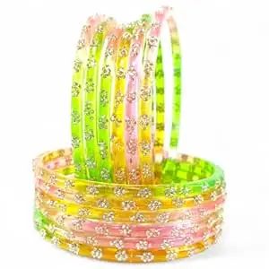 RIJB Stylish Glass Bangles set for women & Girls With Zircon Stone work in Flower Pattern | Fancy Kanch ki Chudi Set | Bangles for Wedding, Party & Gift | Traditional Girl's Bangles Bracelet-Set of 12