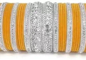 SGN FASHION Silver Bangle Set: 36-Piece Combination of Metal, Acrylic, and Lac Diamonds (Beige Silver, 2.8)