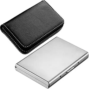 Stealodeal Silver Metal with Soft Black Leather Wallet Card Holder