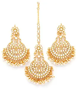 Shining Diva Fashion Latest Stylish Traditional Kundan Maang Tikka Earrings Jewellery Set for Women (White)(12370mter)