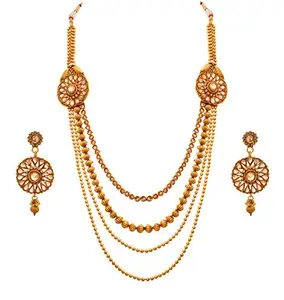 JFL - Jewellery for Less JFL - Traditional Ethnic One Gram Gold Plated Bead Polki Diamond Designer Long Necklace set with Earring for Women & Girls.