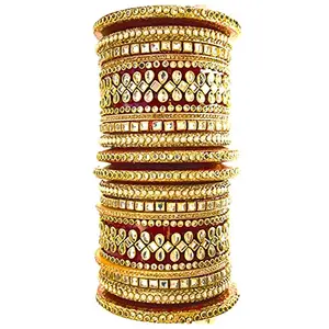 THE OPAL FACTORY Kundan Bridal Jewellery Bangles Set Gold Plated Punjabi Chuda Set for Wedding with Rajasthani Kundan Stones Bangles for Women and Girls (Maroon Red, 2.4)