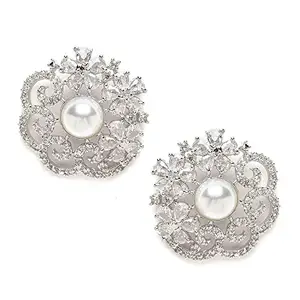KENNICE Rhodium-Plated Silver Toned White American Diamond studded Floral Shaped Studs Earrings For Women & Girls