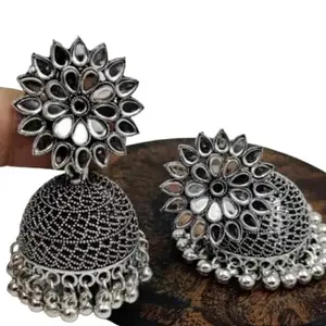 'darpan' Oxidised silver mirrorwork jhumka earrings for women