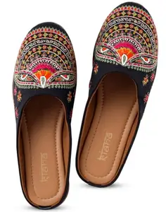 Kiana House OF Fashion Kiana Women's Embroidered Black Canvas Round Toe Bellies-KIMJ121-BLK-37