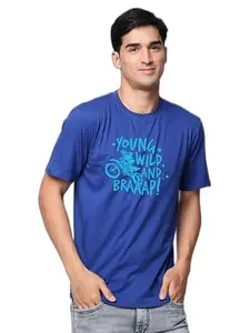 STATUS MANTRA Cotton Printed T Shirt for Men | Half Sleeves Round Neck Young Wild and Braap Outfit Royal Blue Small