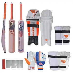 BHAJJI Kashmiri Willow Cricket BAT Elite Size-5,Batting PAD 101 Boys,Batting Gloves 202 Boys,Thigh Guard 202 Boys,ARM Guard 101 Boys and BAT Care KIT Including Fibre Tape Along with Toe Guard