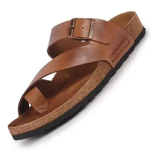 FAUSTO FST KI-7602 TAN-42 Men's Tan Genuine Leather Toe Ring Adjustable Strap Slip On Outdoor Slippers|Cork Latex Suede Footbed|Deep Heel Cup Insole (8 UK)