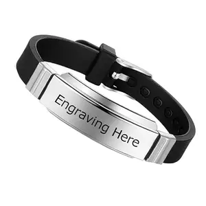 Shiv Jagdamba Personalized Mens Custom ID Beads Engraving Names Silicone, Stainless Steel Bracelet for Men Husband Father Grandpa Father's Day Gift Silver ShivBr10