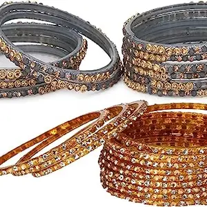 Somil Combo Of Wedding & Party Colorful Glass Bangle/Kada, Pack Of 24, gray,Golden