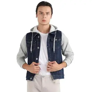 Campus Sutra Men's Blue & Grey Dark-Wash Denim Jacket With Sweatshirt Sleeve For Casual Wear | Hooded Neck | Long Sleeve | Button Closure | Denim Jacket Crafted With Comfort Fit For Everyday Wear