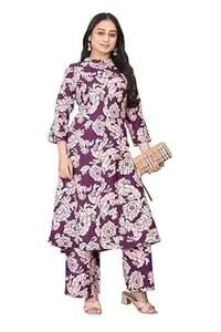 AKSHAR TEXTILES Women’s Cotton Rayon Printed Kurti Pant Set – Purple Floral Ethnic for Daily, Office & Festive Use