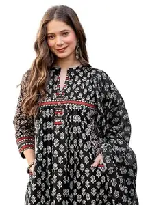 Amayra Women's Pure Cotton Printed A-Line Kurta Set with Palazzo Pants & Dupatta- Ethnic Wear