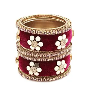 ACCESSHER Traditional Gold Plated Rajwadi Style Maroon Velvet Fabric and Mirrors Embellished Bridal Chooda/Kada/Bangles Set of 6 for Women and Girls| Gifting for Karwachauth | Bridal Jewellery |