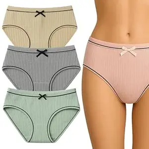 LOURYN KOULYN Women's Ribbed Cotton Brief Panties Set Soft Breathable Underwear with Elastic Waistband Full Coverage Comfort Women and Girls (Multicolour)