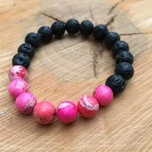 LKBEADS Natural Black Lava & Pink Howlite Turqoise 8mm Round Shape Smooth Cut Beads 7.5 Inch Stretchable Bracelet for Men & Women.|STBR_RR_01306_7.5