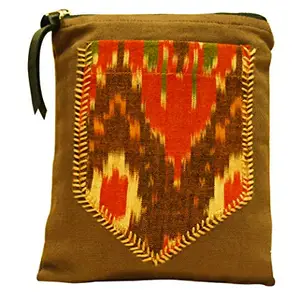 Clean Planet Hand Stitched Cotton Canvas Traditional Handwoven Ikat Back Pocket Multi-Purpose Zipper Pouch - (15 x 18 Cm)
