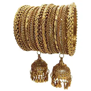 Femmibella Antique Gold Plated CZ Stone Studded Broad Thin 18 Pcs Jhumka Latkan Bangles chuda Set for Womens Girls