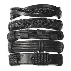 Peora Black Synthetic Leather Pack of 5 Bracelet Stylish Design Fashion Casual Jewellery Gift for Boys & Men