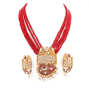 Beautiful Kundan Work And Elephant Design Necklace set (Red)
