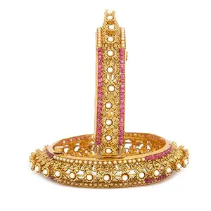 Raddhi Jewels By Riya Enterprises Rajwadi Gold Plated Traditional Stone & Moti Work Set of 2 Brass Kada/Bangles Set For Women & Girls