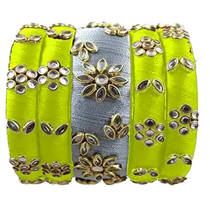 HARSHAS INDIA CRAFT Silk Thread Bangles With Kundan Stones Chuda Bangle Set For Womnes and girls (White-Lemon Yellow) (Size-2/2)