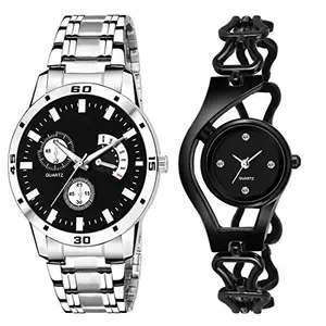 Goldenize fashion Black Stainless Steel and Diamond Dial Chain Bracelet Couple Combo Watches