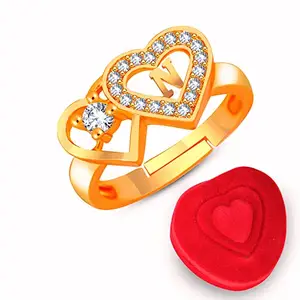 MEENAZ Finger Rings for couples women Men girls girlfriend Wife lovers gf Valentine ring American diamond Adjustable Love gift Initial Letter N Name Alphabet Stylish golden Ring Red Heart Box Set-333