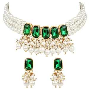 Peora Traditional Gold Plated White Green Kundan Studded Choker Necklace Earrings Maang Tikka Set Stylish Fashion Jewellery for Women & Girls