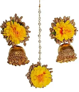 CIYA PLUS Flower Maang Tika and Earrings set, for Haldi, Mahandi, Baby shower for Women and Girls. (Set of 3) (yellow)