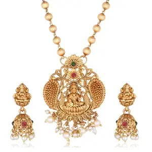 VFJ VIGHNAHARTA FASHION JEWELLERY Vighnaharta Gold-plated Temple collection artificial stone and Pearls Necklace Jewel Set Necklace set [VFJ1037NECK]