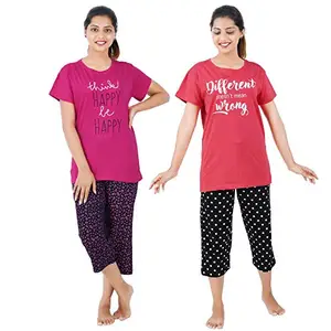 Buy That Trendz Women's Cotton Printed Top and All Over Print Capri Pajama Set/Pajama Night Suit Set/Sleep wear Set/Loungewear Set Happy Rani Pink Different Tomato Red X-Large Combo Pack of 2