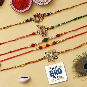 eCraftIndia Set of 5 Colorful Radha Krishna, Krishna Word with Peacock Feather, Flower, and Pearl Designer Rakhis, Best Bro Ever Fridge Magnet with Roli Chawal Pack - Rakhis for Brothers