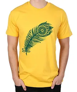 Caseria Men's Round Neck Cotton Half Sleeved T-Shirt with Printed Graphics - Peacock Feather (Yellow, MD)