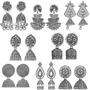Fashion Frill Small Traditional Earring For Women Silver Oxidised Earring For Women And Girls Pair Of 8