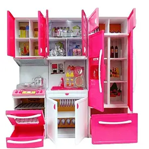AUTHFORT AUTHFORT Modern Kitchen Toy Set, Battery Operated Play Set with Refrigerator, Accessories, Fruits, Music and Lights, Pretend Play Toy (18X12 Inches)