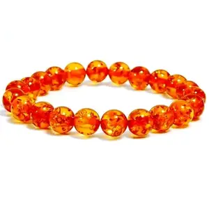 RRJEWELZ Natural Baltic Amber Round Shape Smooth Cut 8mm Beads 7.5 inch Stretchable Bracelet for Healing, Meditation, Prosperity, Good Luck | STBR_01147