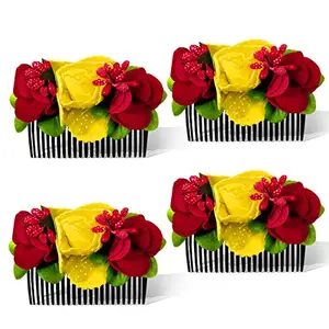 Adhvik (Set of 4 Pcs) Acrylic Comb with Red And Yellow Rose Flower Indo Western Embroidered Fancy Bridal Hair Jooda Pin for Women and Girls